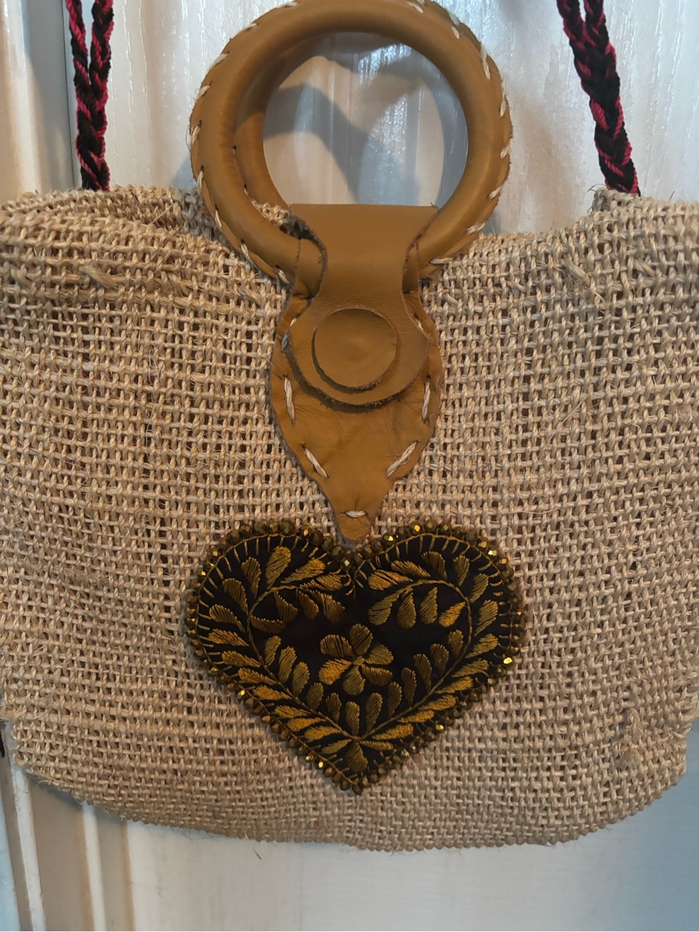 Handwoven Natural Jute Tote with Mustard Leather Trim and Embroidered Heart